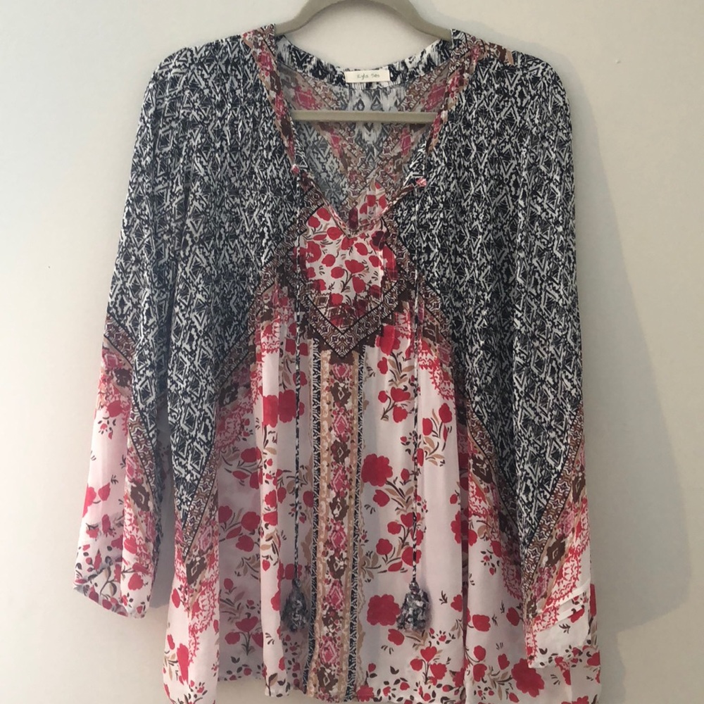 Silk peasant top red floral. Size medium